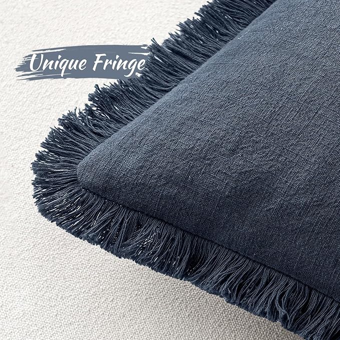 MIULEE Christmas Decorative Throw Pillow Covers Neutral Linen Fringe Throw Pillows Set of 2 Indigo Blue Boho Farmhouse Cushion Covers Coastal Decor for Couch Sofa Bed Living Room Decor 20x20 Inch