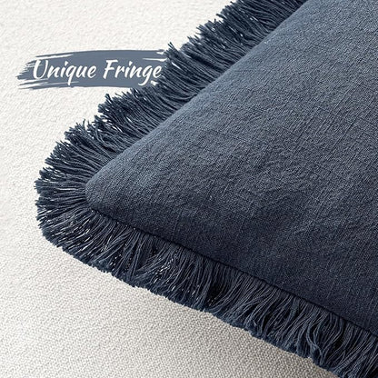 MIULEE Christmas Decorative Throw Pillow Covers Neutral Linen Fringe Throw Pillows Set of 2 Indigo Blue Boho Farmhouse Cushion Covers Coastal Decor for Couch Sofa Bed Living Room Decor 20x20 Inch