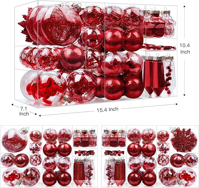 SHareconn 86PCS Christmas Balls Ornaments Set,Shatterproof Plastic Clear Decorative Baubles for Xmas Tree Decor Holiday Wedding Party Decoration, Red