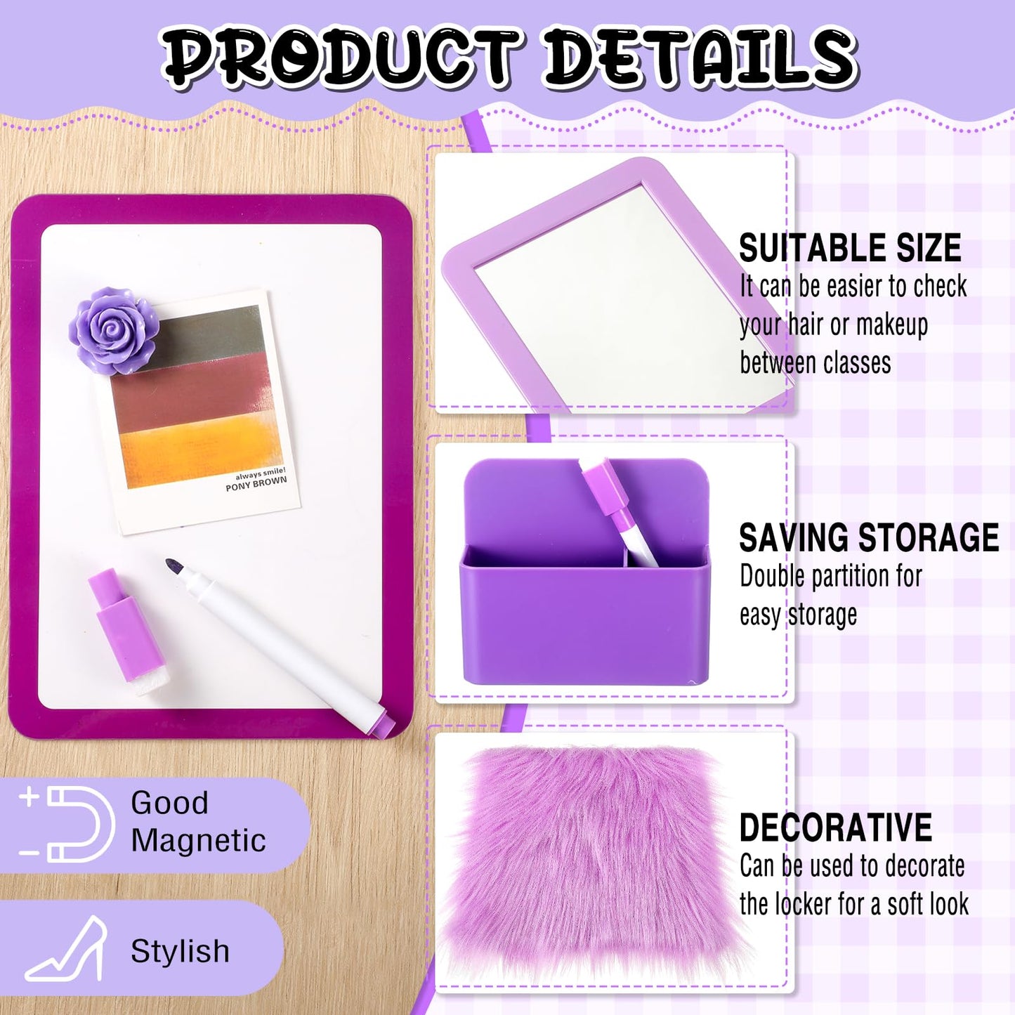 Wonderjune 12 Pcs Locker Accessories Kit Magnetic Mirror Whiteboard Pen Holder Magnet Hook Locker Wallpaper Rug Keychain Marker String Light for Back to School Essentials Decorations (Purple)