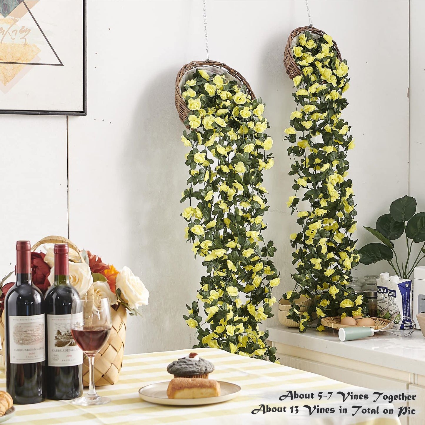 PONKING 8 Pcs x 8.2 ft Flower Garland Artificial Rose Vine Flowers with Green Leaves Hanging Fake Roses Vine for Room Party Home Wedding Birthday Christmas Wall Arch Decor, Spring Yellow Flower