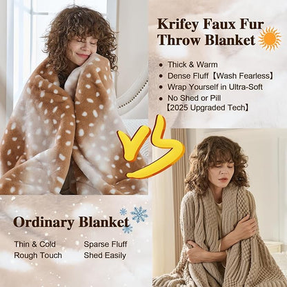 Krifey Faux Fur Blanket for Dorm Bed, Soft Couch Throw, Cozy Fuzzy Plush Thick Warm Blanket, Faux Rabbit Fleece, Christmas Birthday Gifts for Girls Women Mom, Room Decor, Deer Print, 60x80in