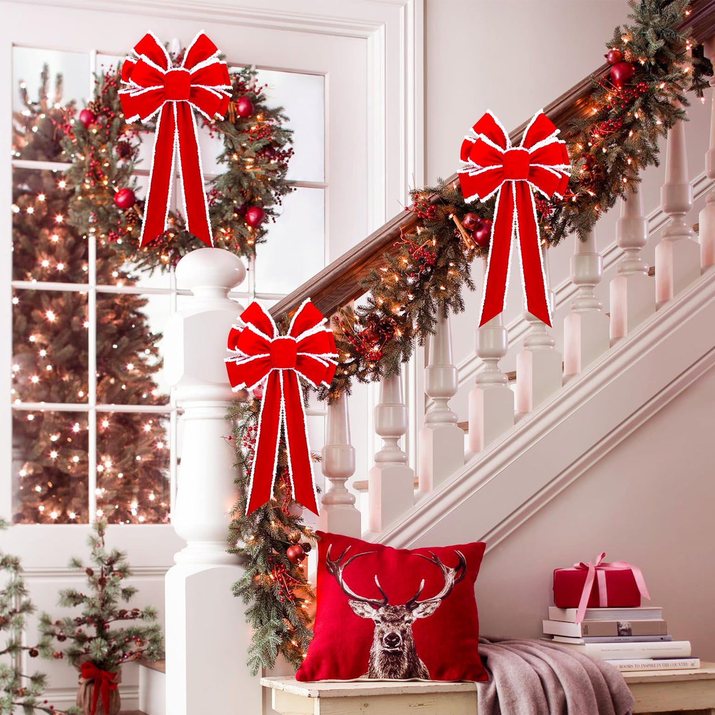 Anyfire Large Red Christmas Bow: 10'' x 21'' Large Christmas Tree Topper Bow Red Velvet Bow with White Edge for Wreath Garland Stair Fireplace Home Indoor Outdoor Xmas Decoration (1 Packs)