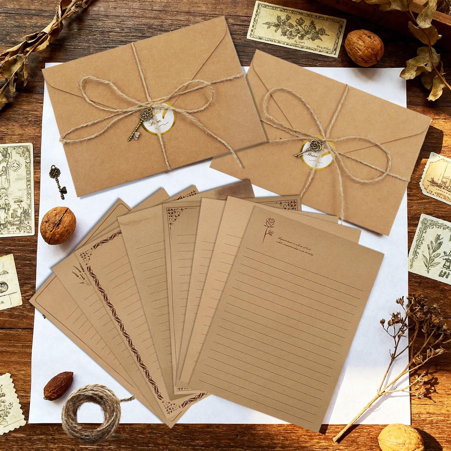 96 PCS Vintage Stationery Set, 32 Aged Paper with 16 Matching Envelopes, Vintage Antique Old Fashion Paper, Premium Old World Letter Writing Kit for Invitations, Love Letters, Thank You Notes