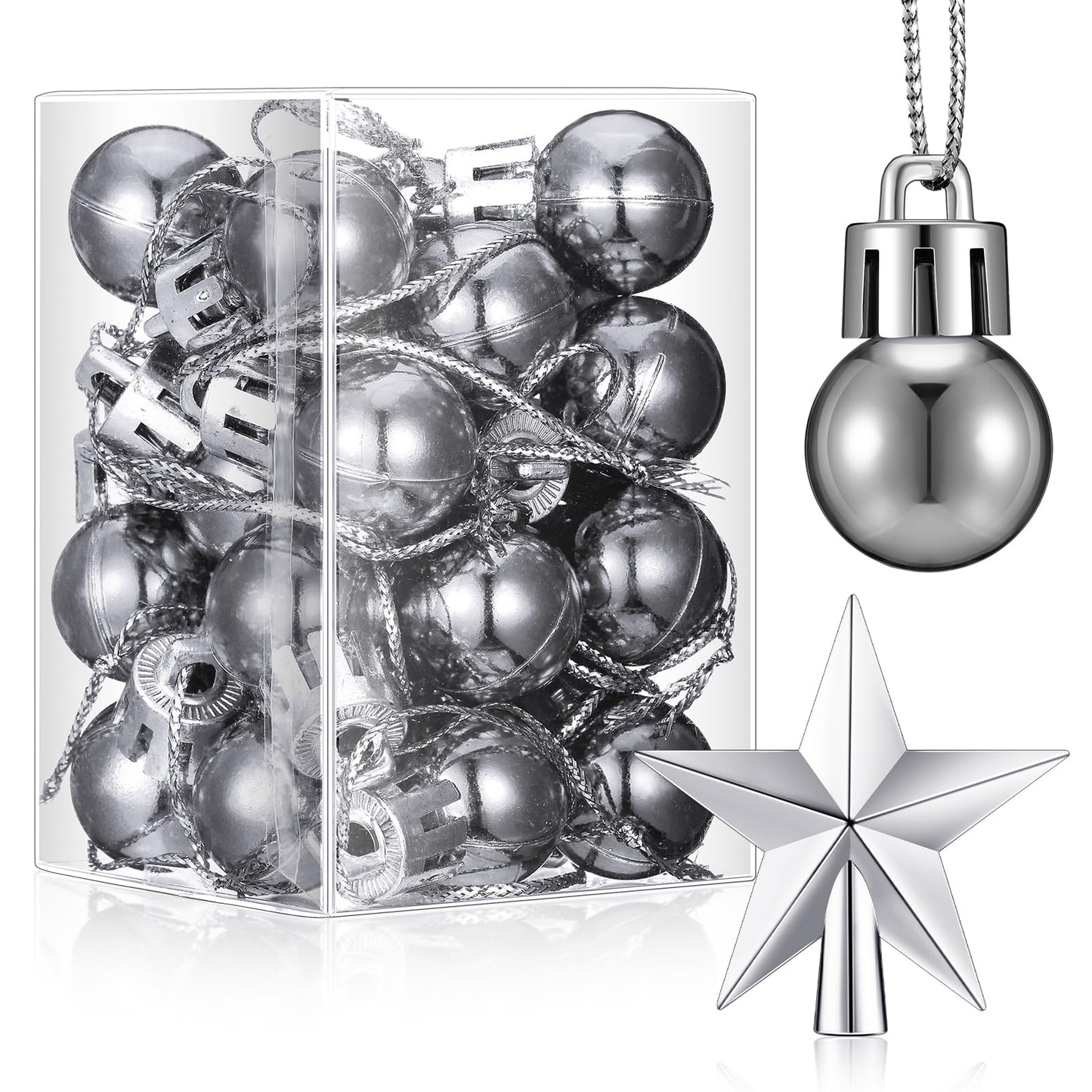 RoundFunny 25 Pcs Christmas Balls Ornaments Set Mini Tree Decoration 0. 79 Inch Christmas Ball Tree Topper Star Hanging Ornaments for Party Decoration(Silver)
