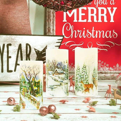 Christmas Flameless Candles Real Wax LED Candles Decor Battery Operated with Timer and Green Christmas Tree Decal,Set of 3,Warm Light