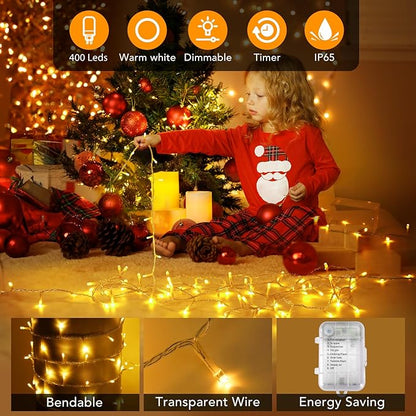 2 Pack 33Ft 200 LED String Light Battery Powered, Outdoor Waterproof Warm White String Lights with Remote, Dimmable Twinkle Lights for Bedroom Wedding Party Classroom Tree Christmas Decoration
