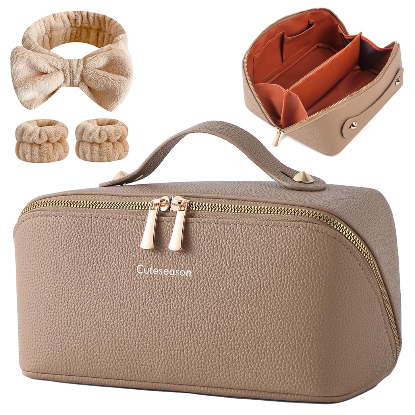 Cuteseason PU Leather Makeup Bag for Women, Structured Makeup Case with Wide Opening, Travel Cosmetic Bag with Compartments and Handle, Water-Resistant Makeup Organizer(Khaki, Lychee Grain)