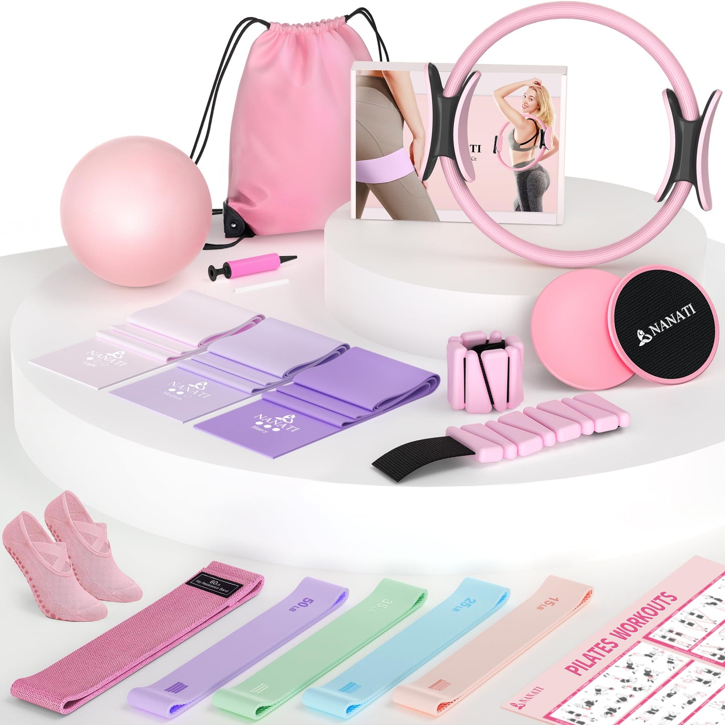 NANATI Pilates Kit 19PCS,Pilates Essentials Kit for Women,Pilates Equipment with 14.5" Pilates Ring and Ball,8 Resistance Bands,Ankle Weights,Sliders & Grip Socks Accessories for Starter Home Workouts