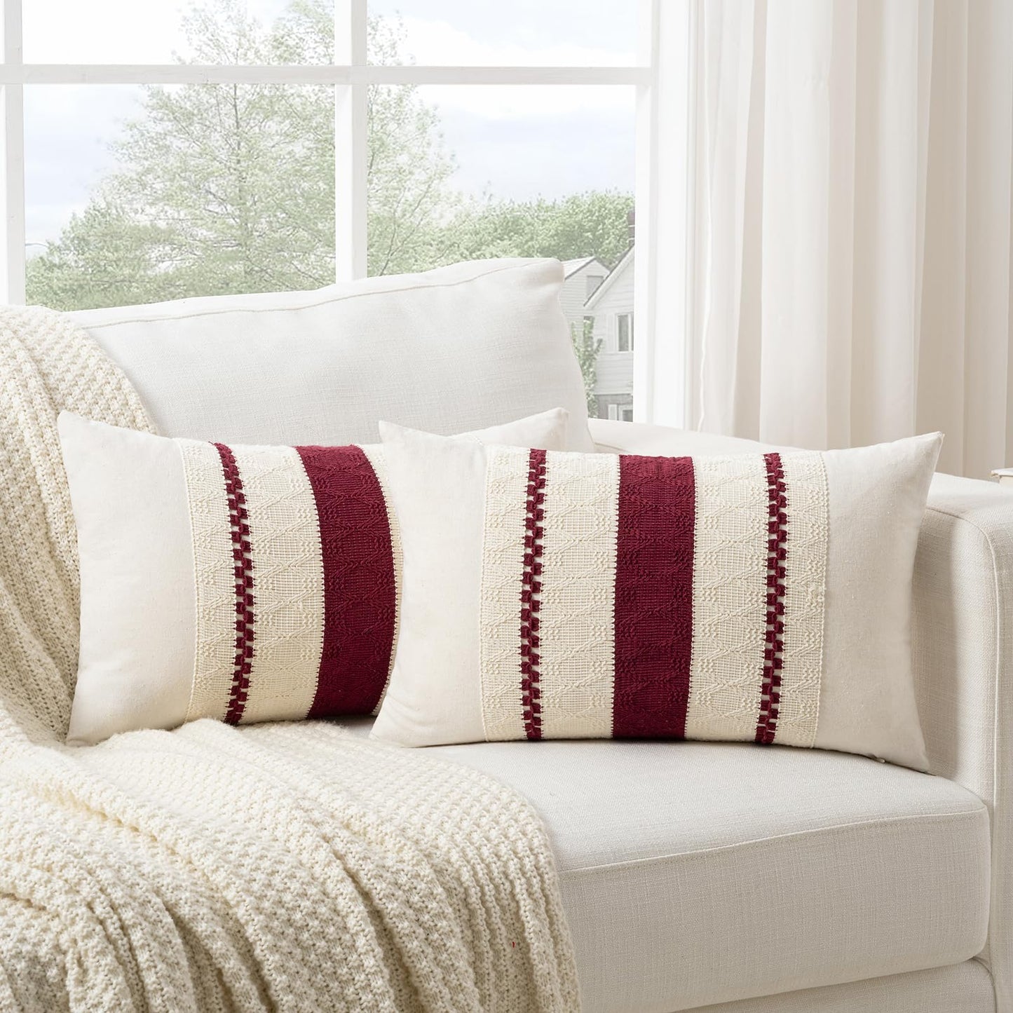 Fancy Homi Set of 1 Burgundy Boho Long Lumbar Decorative Throw Pillow Cover 14x24 Inch for Couch Bed Sofa, Aesthetic Modern Farmhouse Christmas Room Decor, Soft Cotton Cute Wind Red Cushion Case
