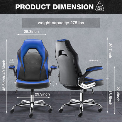 OLIXIS Ergonomic Gaming Office Chair - PU Leather Executive Swivel Computer Desk Chair with Flip-up Armrests and Lumbar Support for Working, Studying, Gaming, Grey, Blue (A-95blue)