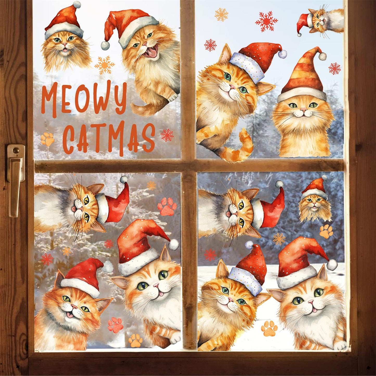Christmas Window Clings Decoration Indoor Xmas Cat Stickers Double-Sided Merry Christmas Window Decals for Glass Windows Xmas Snowflake Decals for Winter Holiday Kids Bedroom Home Party Supplies