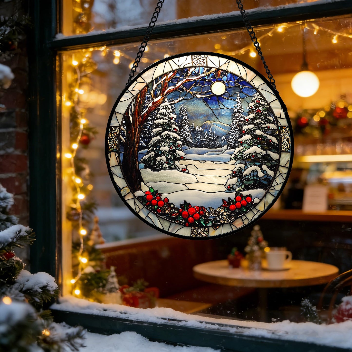 DASTOLL Stained Glass Window Hanging Christmas Tree Winter Snow Night Scenery 7.8" - Suncatcher Door Garden Kitchen Sun Catcher Home Decor Birthday for Mom Men Woman Friend
