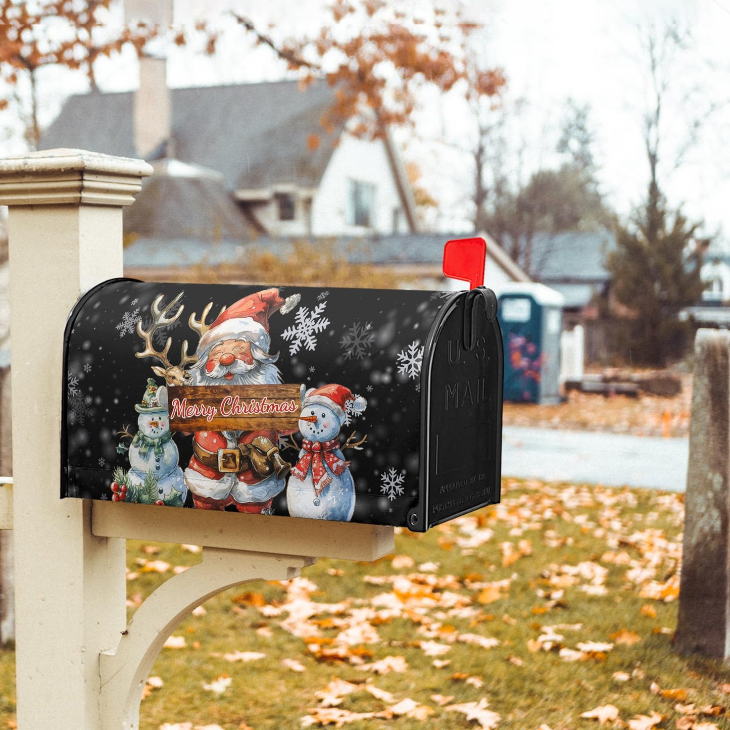 Merry Christmas Mailbox Cover Magnetic Snowman Santa Claus Reindeer Decorative Letter Post Box Cover Large Size 25.5x21 Inch Happy Holiday Xmas Black Post Wraps for Home Outdoor Garden Yard Decor