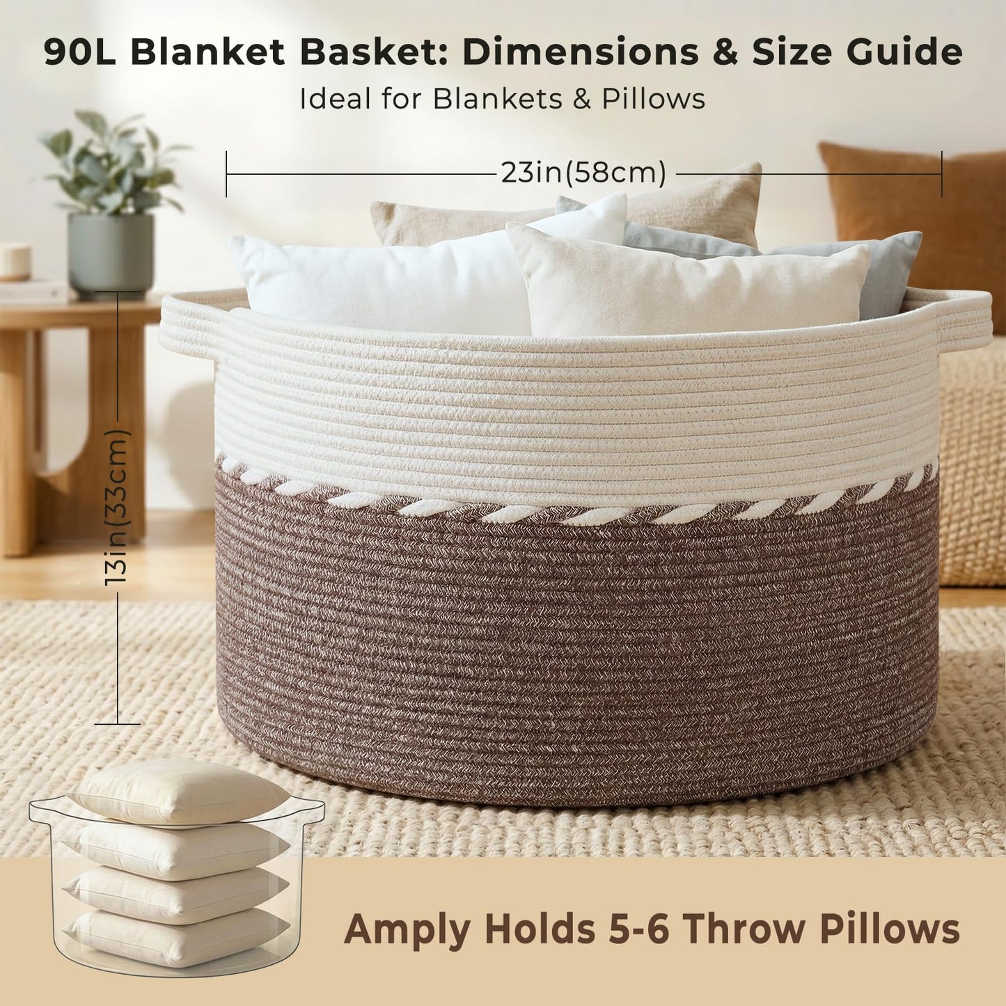 OIAHOMY 90L Extra Large Blanket Basket - Decorative Cotton Rope Storage Basket for Bedroom, Living Room & Nursery - Woven Laundry Hamper for Organizing Blankets, Clothes & Toys - Brown & White