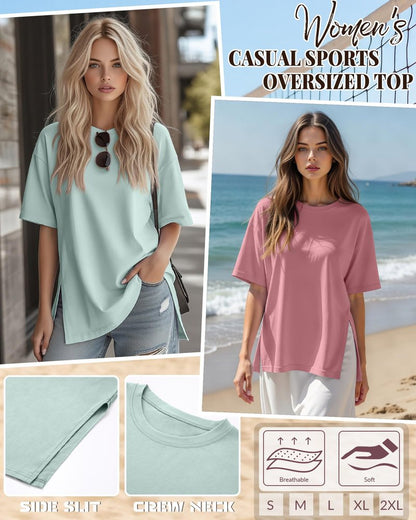 Huukeay 3 Pack Women's Oversized Gym T Shirts Short Sleeve Side Split Crewneck Tops Casual Summer Workout Baggy Basic Tee