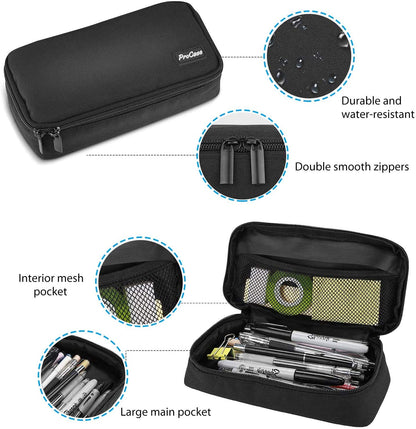 ProCase Pencil Case, Large Capacity Students Stationery Pouch Pen Bag Holder, Portable Desk Organizer with Double Zipper for School Office Supplies -Black