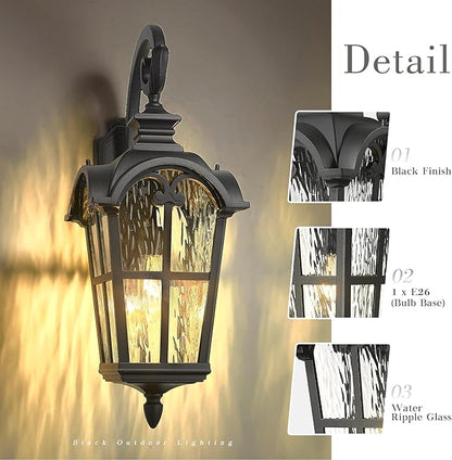 Emliviar 28.7" Black Outdoor Wall Sconce, Large Exterior Lantern Light Fixture with Die-Cast Aluminum & Water Ripple Glass, WE215BL-SW BK
