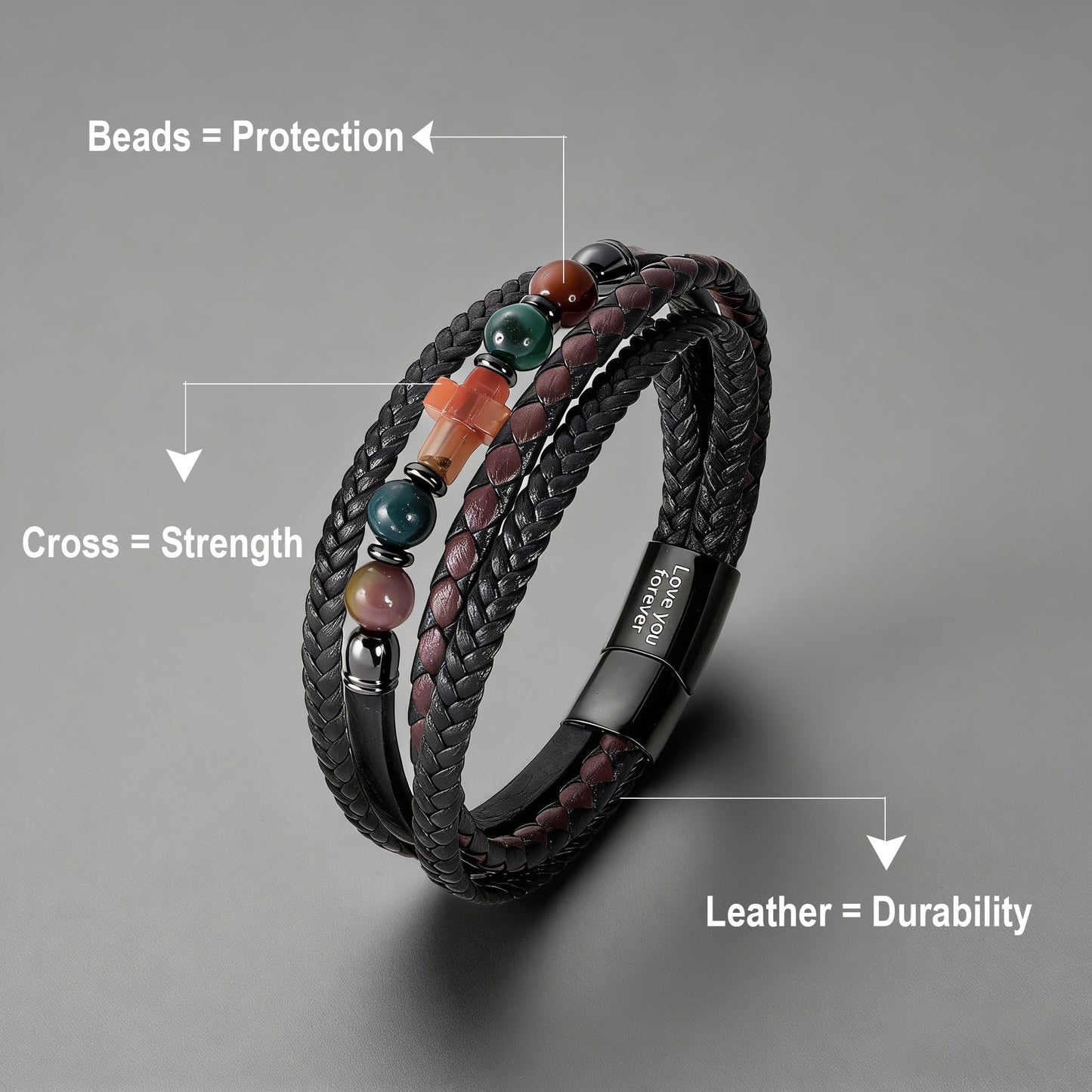 ICEINX Vintage Braided Leather Wrap Bracelet with Natural Indian Agate Stones, Religious Christian Jewelry Gift for Him（Agate Stones）