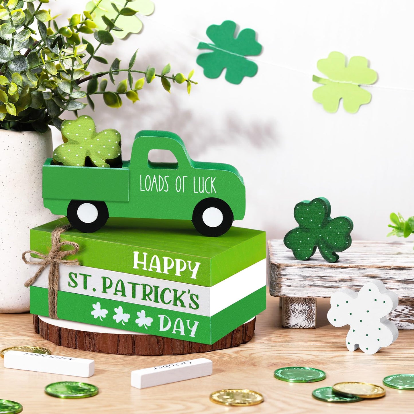 DoubleFill 7 Pcs St Patricks Day Decorations St Patricks Day Tiered Tray Decor Irish Wood Lucky Shamrock Table Centerpiece Decor 3 Faux Books Bundle with Twine Green Truck Sign for Bookshelf Home Gift