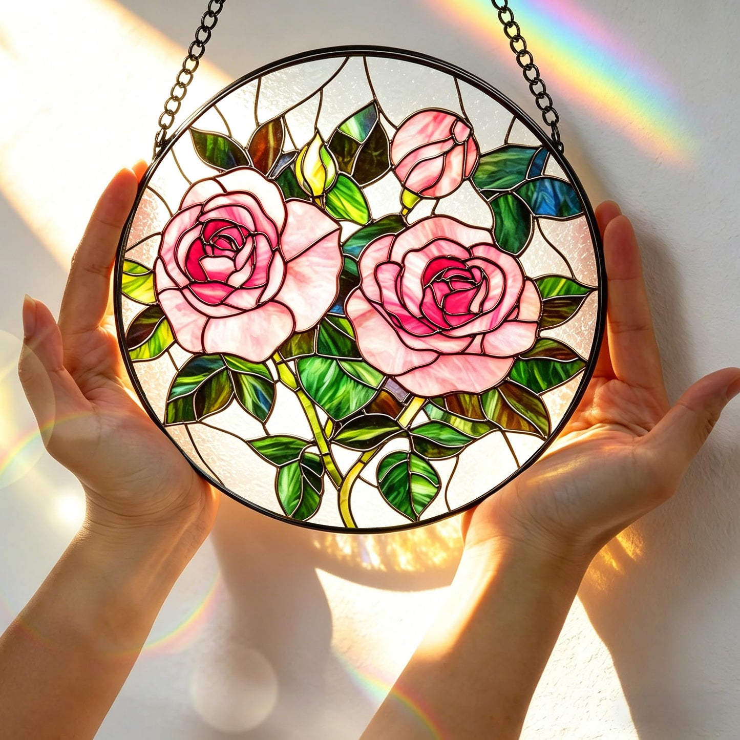 Stained Glass Window Hanging, 7.8 Inch Pink Rose Stained Glass Suncatcher Ornament, Floral Window Hanging Sun Catcher for Indoor Window, Flower Lover Gift, Gifts for Mom, Grandma, Friends & Sisters