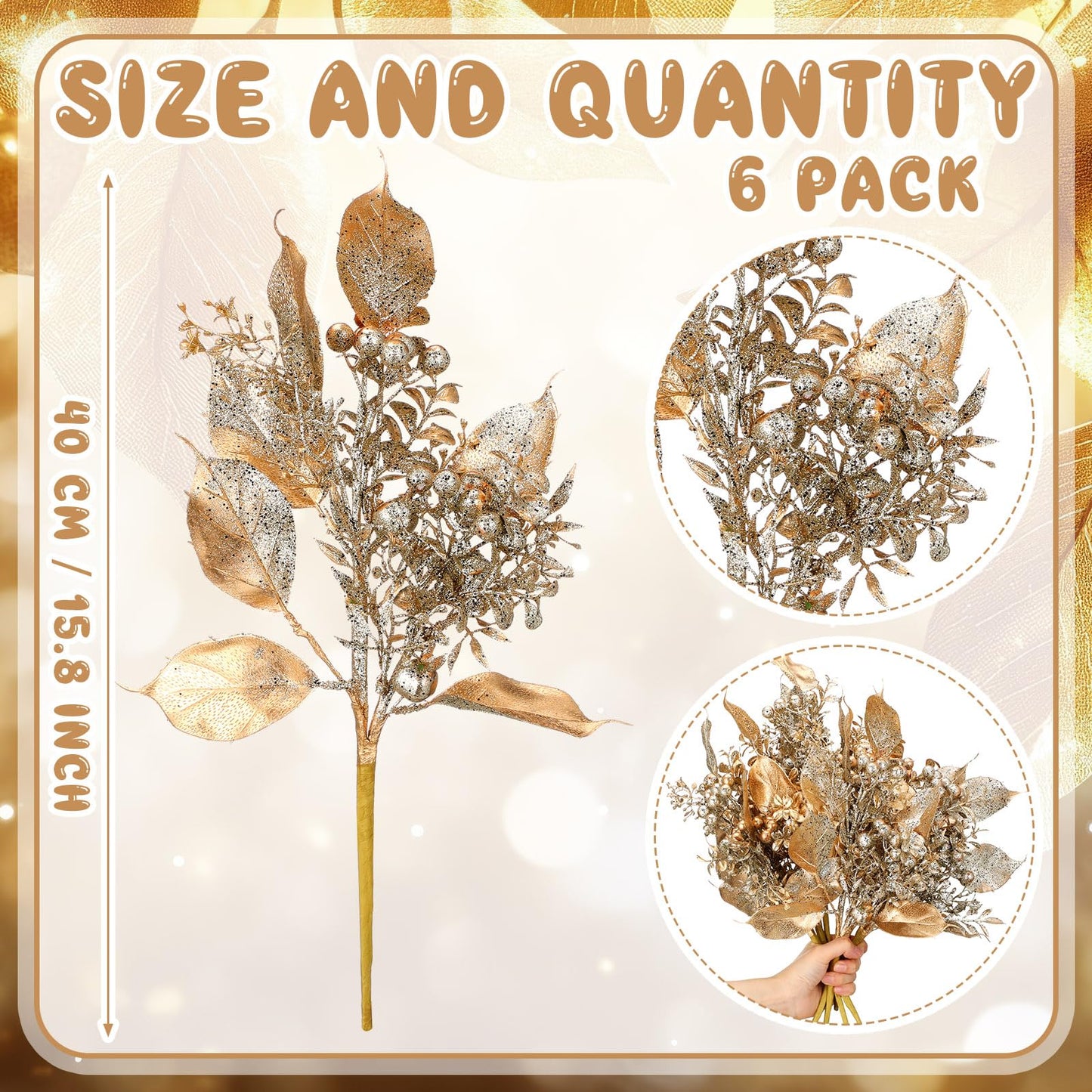 Thiccywoov 6 Pcs 16 Inch Christmas Magnolia Picks Champagne Christmas Tree Picks Glitter Gold Artificial Magnolia Flower Leaves Berries Branches for Xmas Tree Winter Vase Wreath Holiday Decor