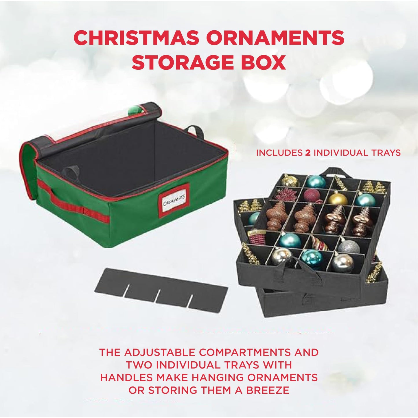 HOLDN’ STORAGE Christmas Ornament Storage Box with Dividers - Fits 48-3” Ornaments, 2 Removable Trays, Durable & Space-Saving, Clear Top Lid, Fits Underbed, Green