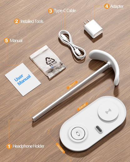Universal Headphone Stand, Magnetic Wireless Charger for iPhones/AirPods/iWatch, Aluminum Alloy Rod, Leather Pad, ABS Solid Base, White