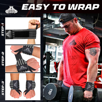 Bear Grips Extra Strength Gym Wrist Wraps for Weightlifting | 2 Wrist Wraps Per Pack | 12" & 18" | Unisex