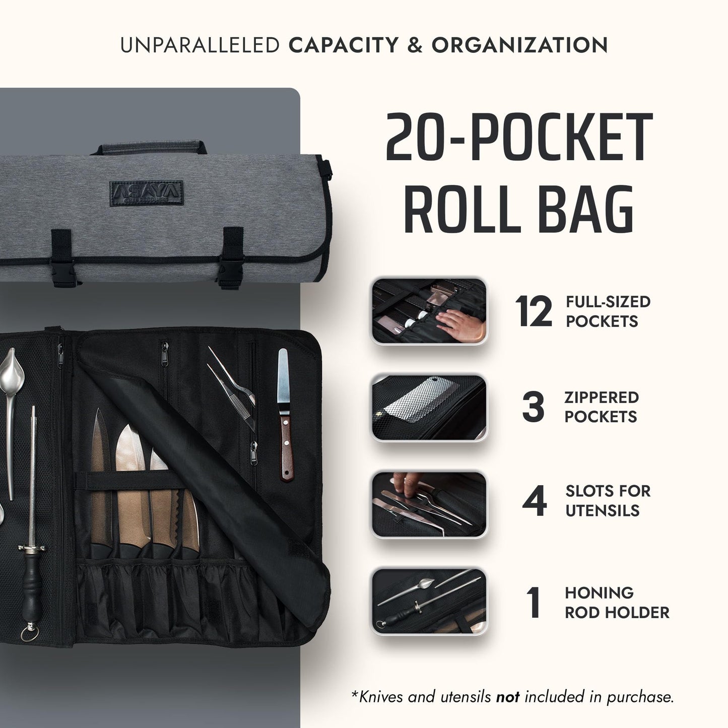 Asaya Waxed Nylon Chef Knife Roll Bag with 20 Slots and Zippered Pockets - Professional Chef Knife Bag & Storage Case, Tool Carrier with Shoulder Strap - Knives Not Included (Grey)
