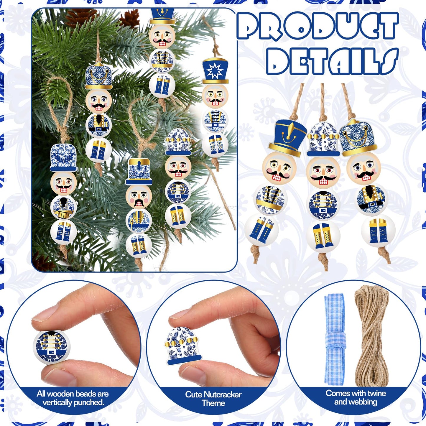 Cinnvoice 240 Pcs Summer Christmas in July Wood Beads with Twine Snowman Gingerbread Man Nutcracker Wooden Bead Garland DIY Crafts Round Beads for Xmas Party Decor(Chinoiserie Nutcracker)