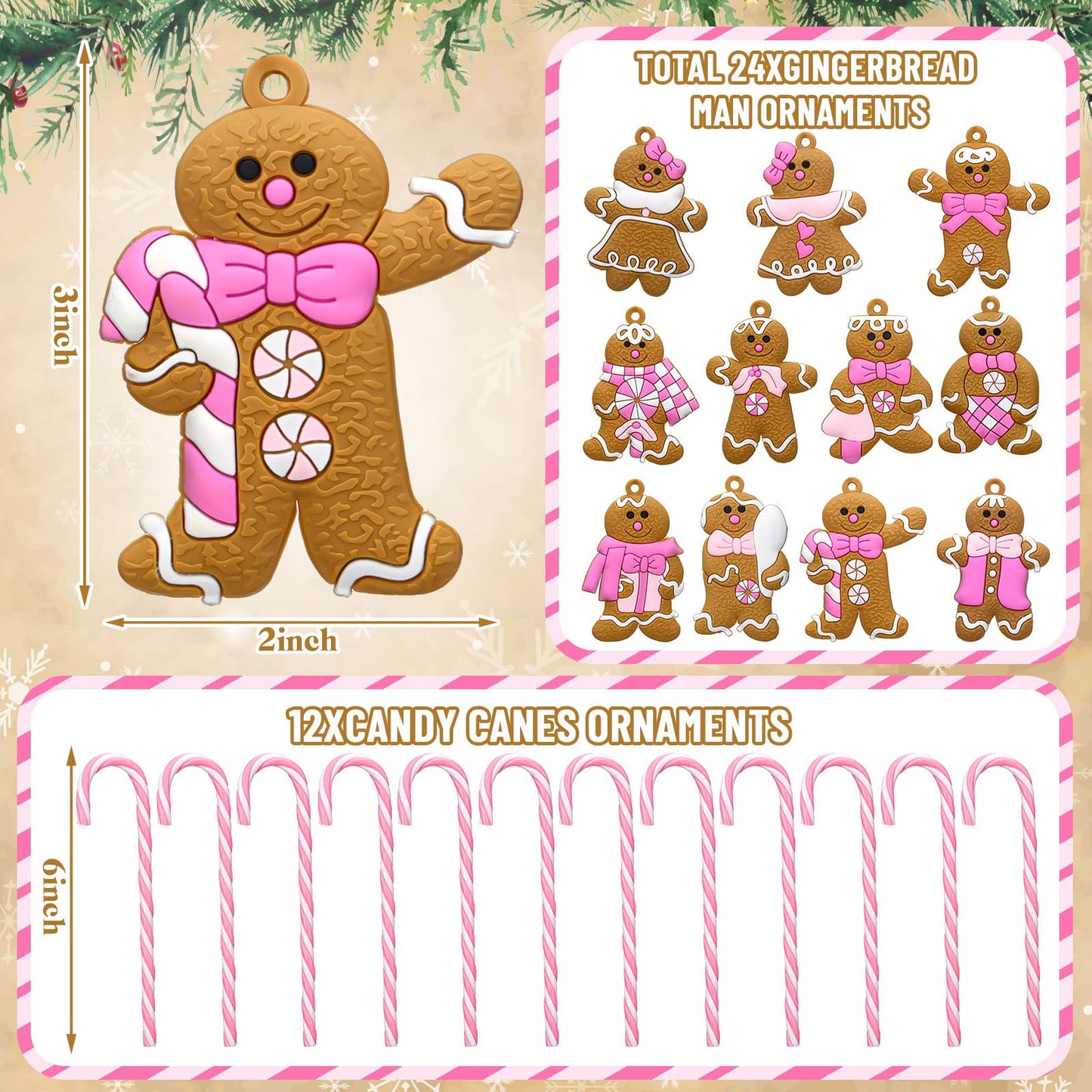 Zhanmai 36 Pcs Gingerbread Man Ornaments for Christmas Tree Hanging Christmas Candy Cane Decorations for Xmas Tree Home Holiday Party Decor (Pink)