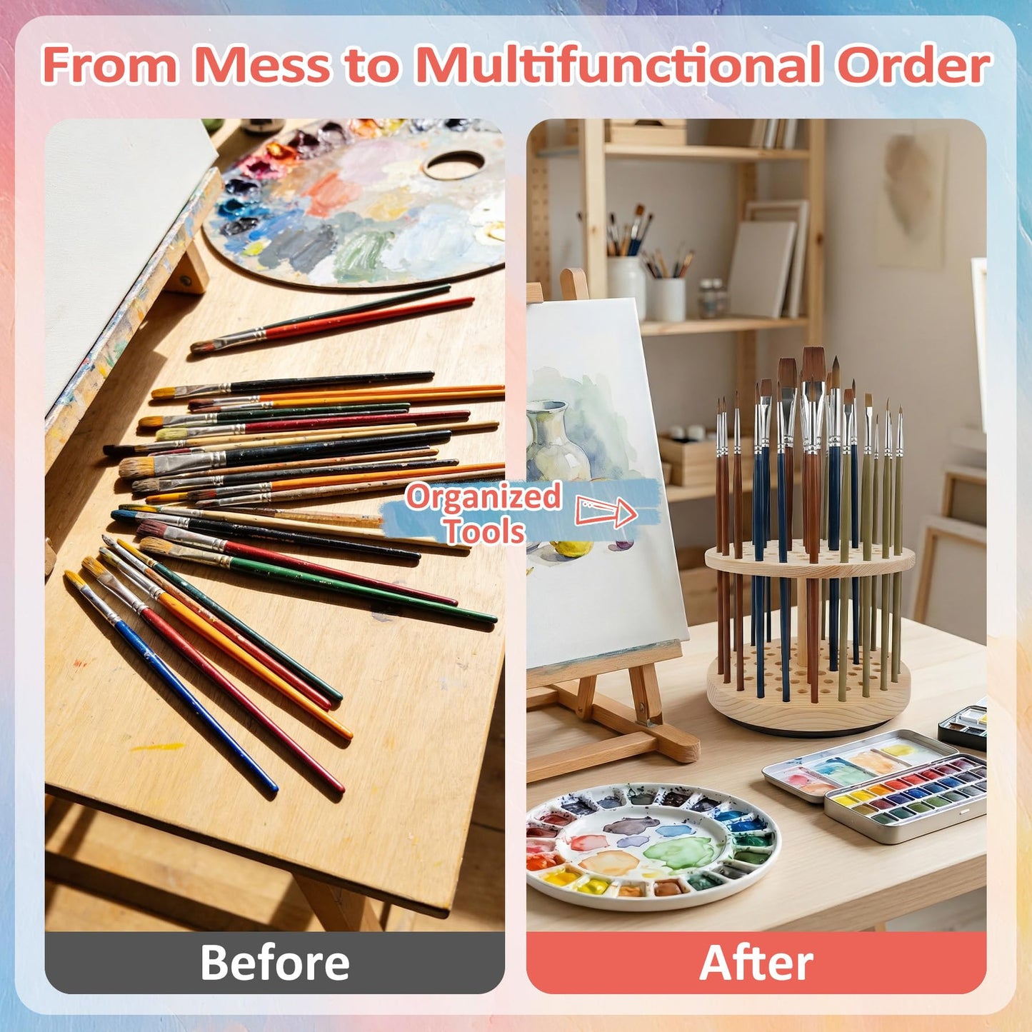 BREENHILL 71-Hole Rotating Paint Brush Holder, Large Capacity Wooden Paint Brush Organizer, 360° Spinning Brush Storage Rack for Watercolor, Acrylic, Calligraphy