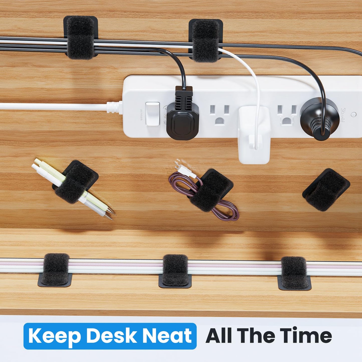 Cable Management Under Desk, 【Up to 15 Cord】【Enhanced Wire Holder】 Cord Organizer, Adjustable Hook and Loop Cable Ties, Home Office Essentials, Cable Hider Clips Under Table, 20 Pair
