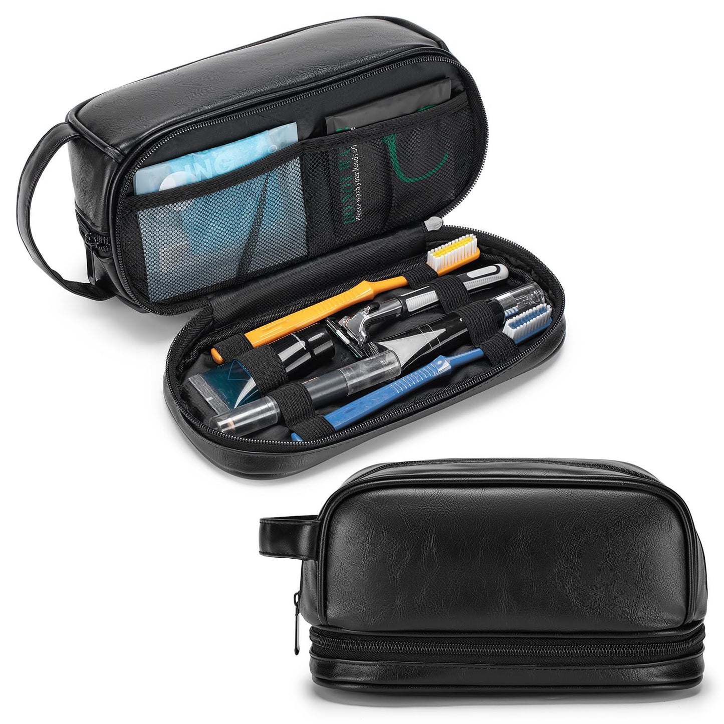 COSCOOA PU Leather Toiletry Bag for Men, Water Resistant Mens Hanging Toiletry Travel Makeup Bag, Travel Essentials Shaving Bag with Large Capacity Suitable for Bathroom Settings, Black