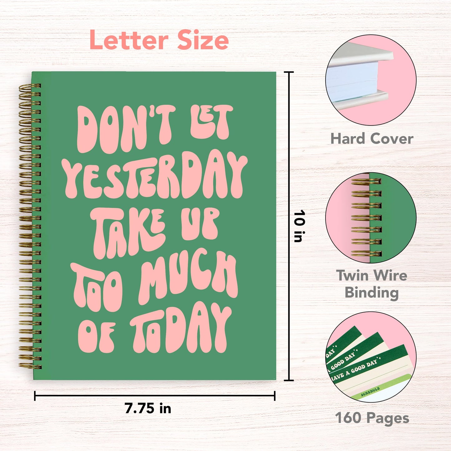Undated Daily Planner Notebook 7.75x10, Cute Planner Notebook, Pink Green To Do List Notebook, Large Hardcover Spiral Schedule Notebook Planner, Inspirational Quote Planner Students Girls Teens