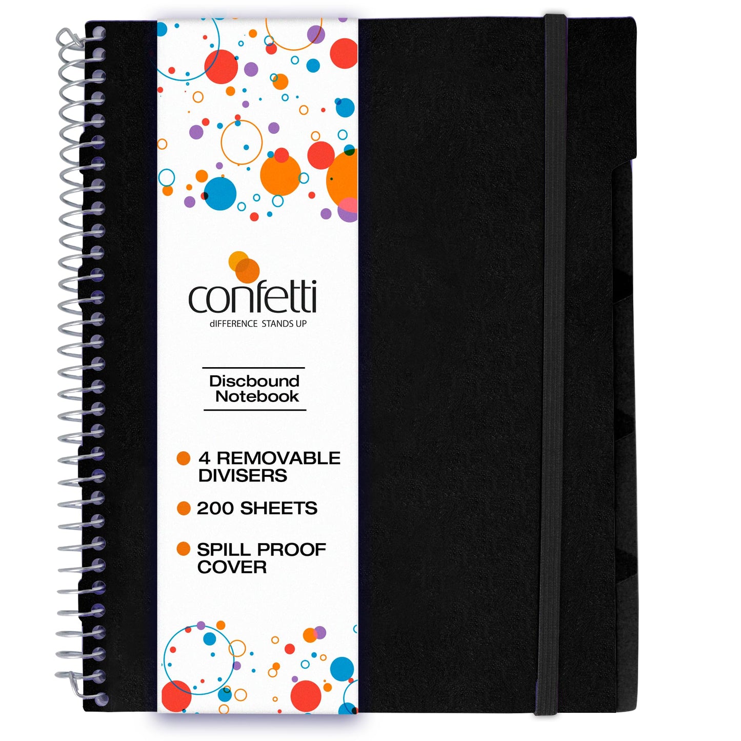 Confetti Spiral Notebook - Hole Punched - 4 Removable Dividers, Spill Proof Cover, Closing Elastic Band, Storage Pocket - Sturdy Bound Notepad, School & Office Supplies - 200 Sheets - Black