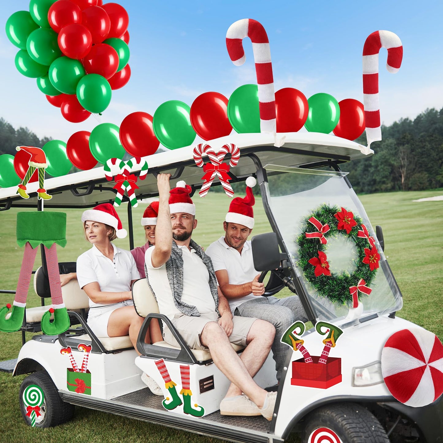 Soulchen 73 Pcs Christmas Car Decoration Kit Candy Cane Santa Claus Nose Hanging Elf Legs Xmas Wreath PVC Decoration Red Green Balloons Christmas Candy Car Accessories for Truck Vehicle Decorations