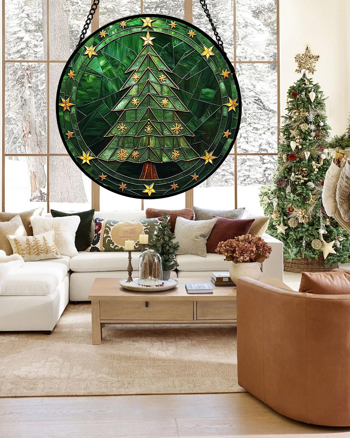 Stained Glass Window Hanging - Green Christmas Tree with Golden Stars Suncatcher for Doors Home Christmas Decoration Sun Catcher Thanksgiving New Year Birthday Gifts for Women Men Mom Nana 9.8 in