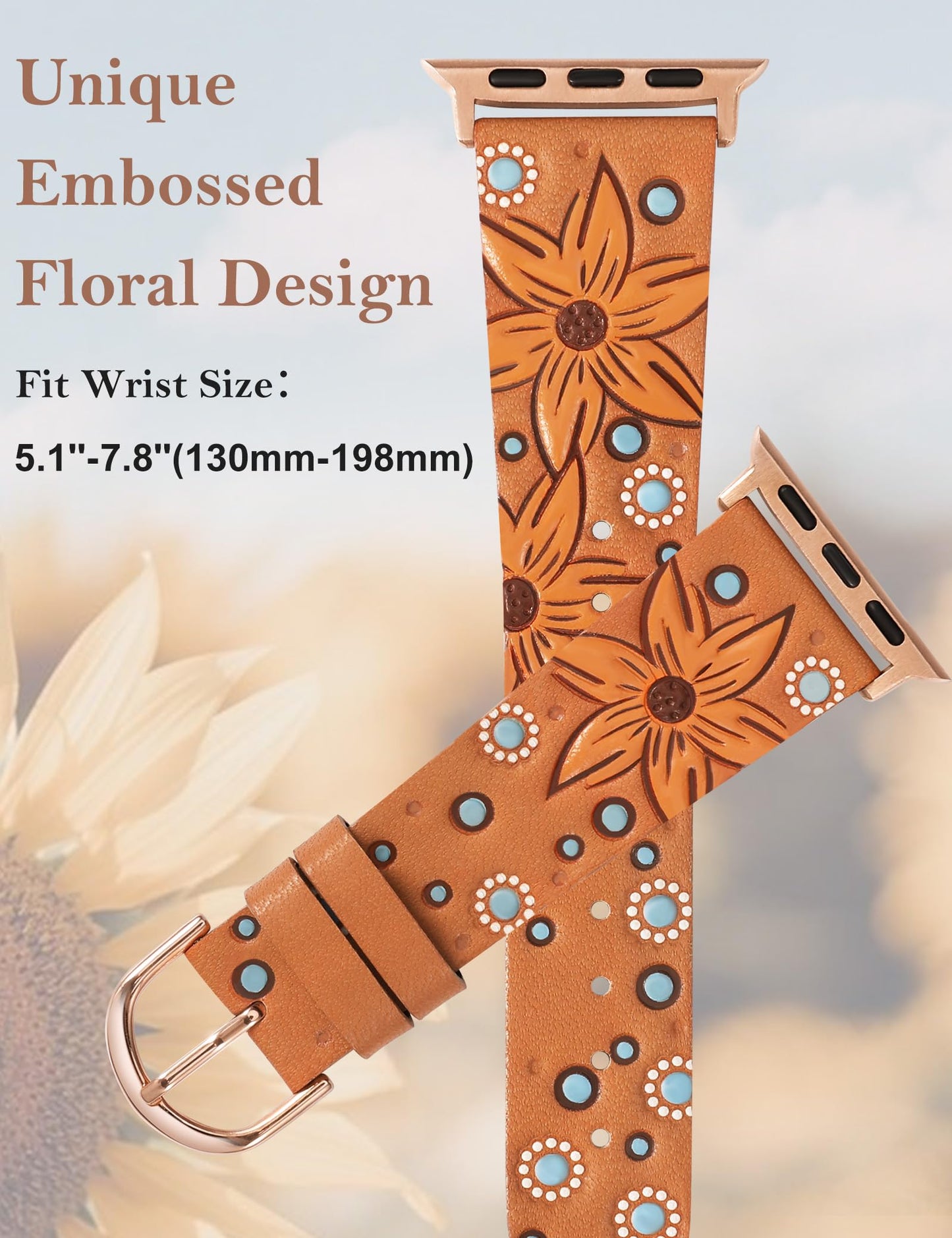 Minyee Leather Band Compatible with Apple Watch Band 41/40/38/44/45/46/49/42mm Women, Boho Western Embossed Sunflower Floral Designer Leather Strap for iWatch Series 11 10 9 8 7 6 5 4 SE/Ultra 3 2 1