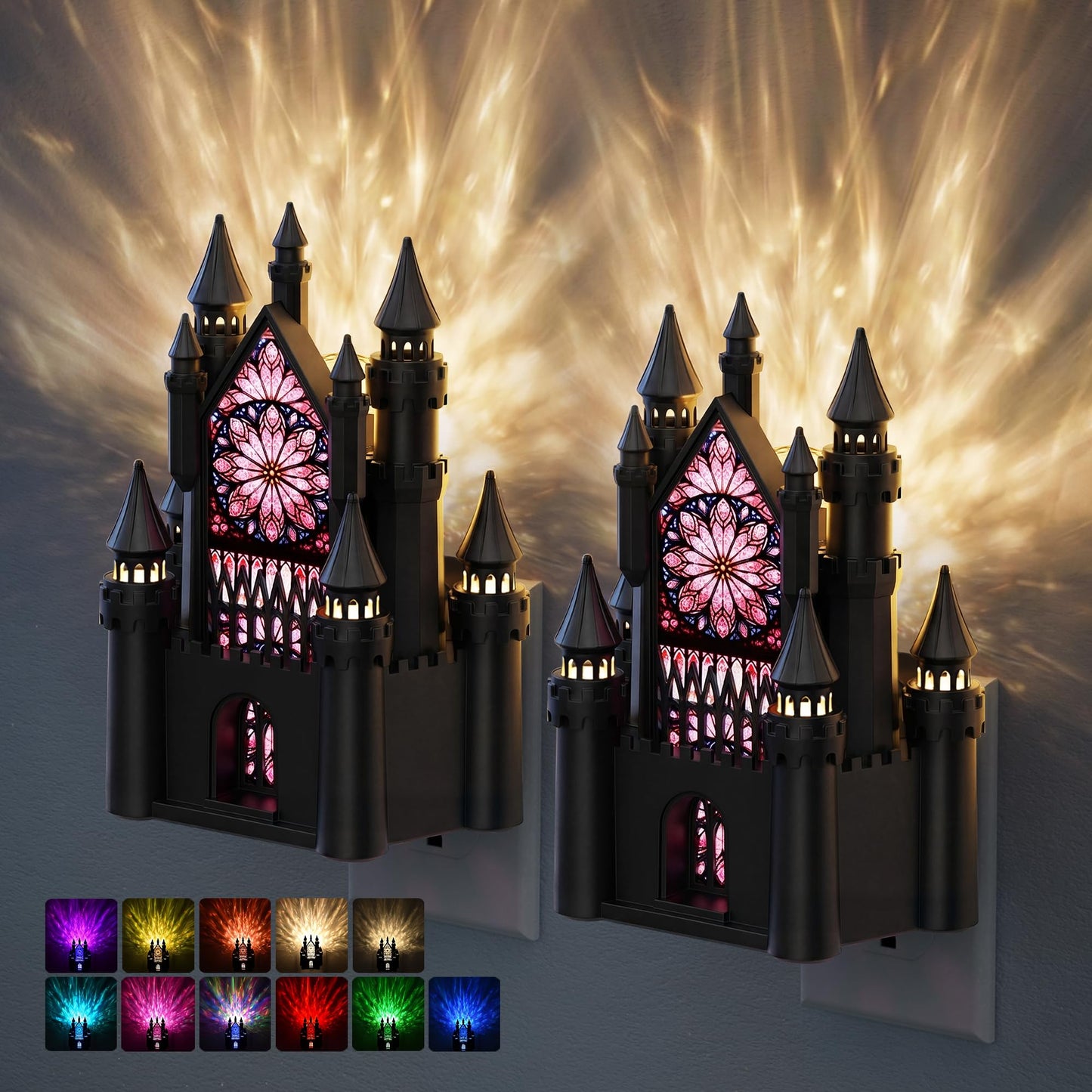 JandCase Night Lights Plug into Wall, 2 Pack Castle & Church Decor Night Light with Diamond Lens,RGB & 3000K Change Nightlight,Dimmable Nightlights with Dusk to Dawn Sensor for Rooms Hallway
