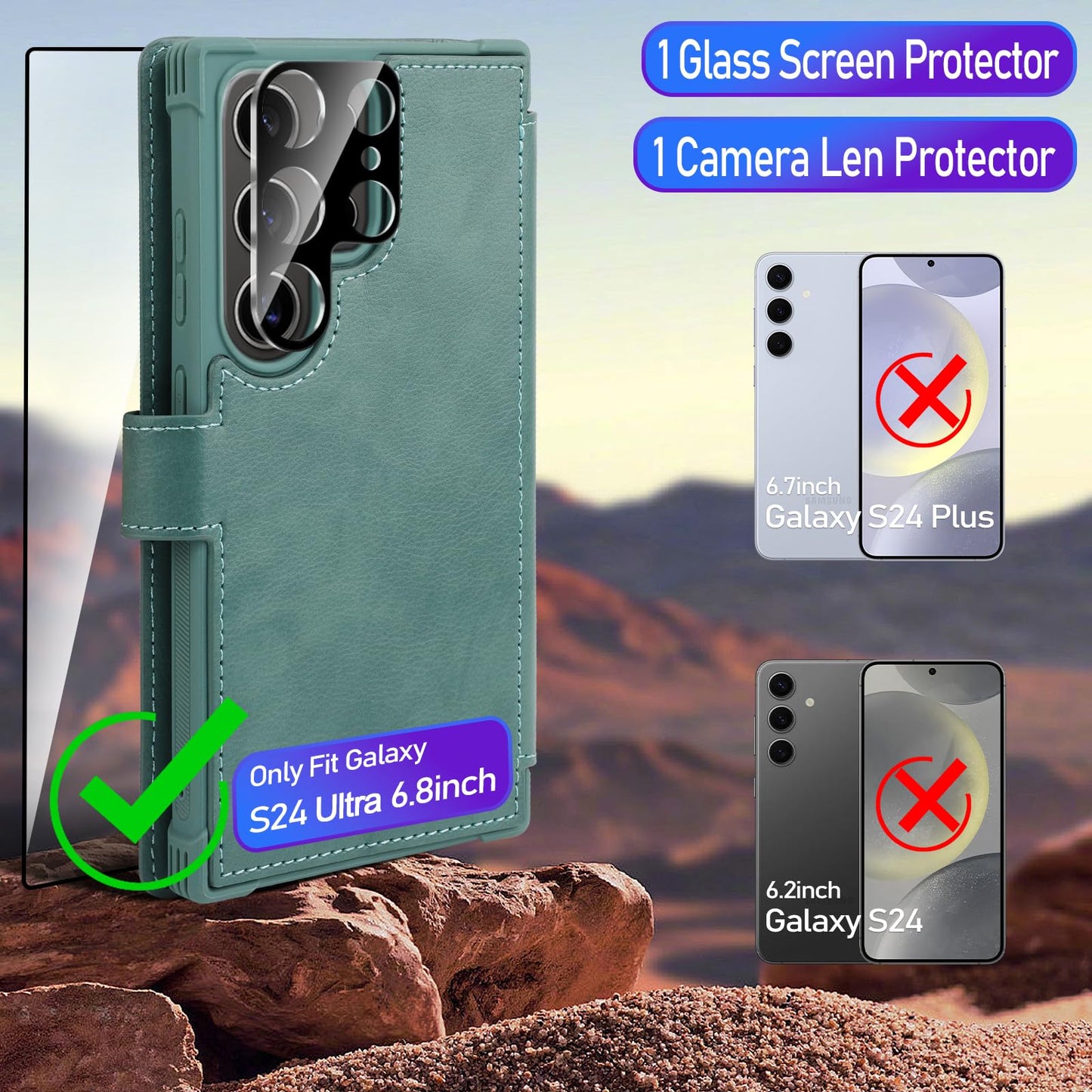 VANAVAGY Wallet Case for Galaxy S24 Ultra with RFID Blocking Card Holder, [Screen Protector & Camera Lens Protector] PU Leather Flip Case with Strap for Wireless Charging,Forest Green
