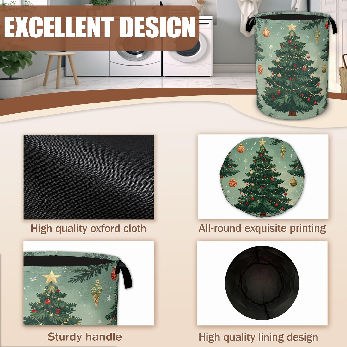 Christmas Tree Laundry Baskets,Laundry Hamper Storage Basket with Handles for Bathroom Bedroom College Dormitory Living Room Nursery Organizer 16"x20.8"