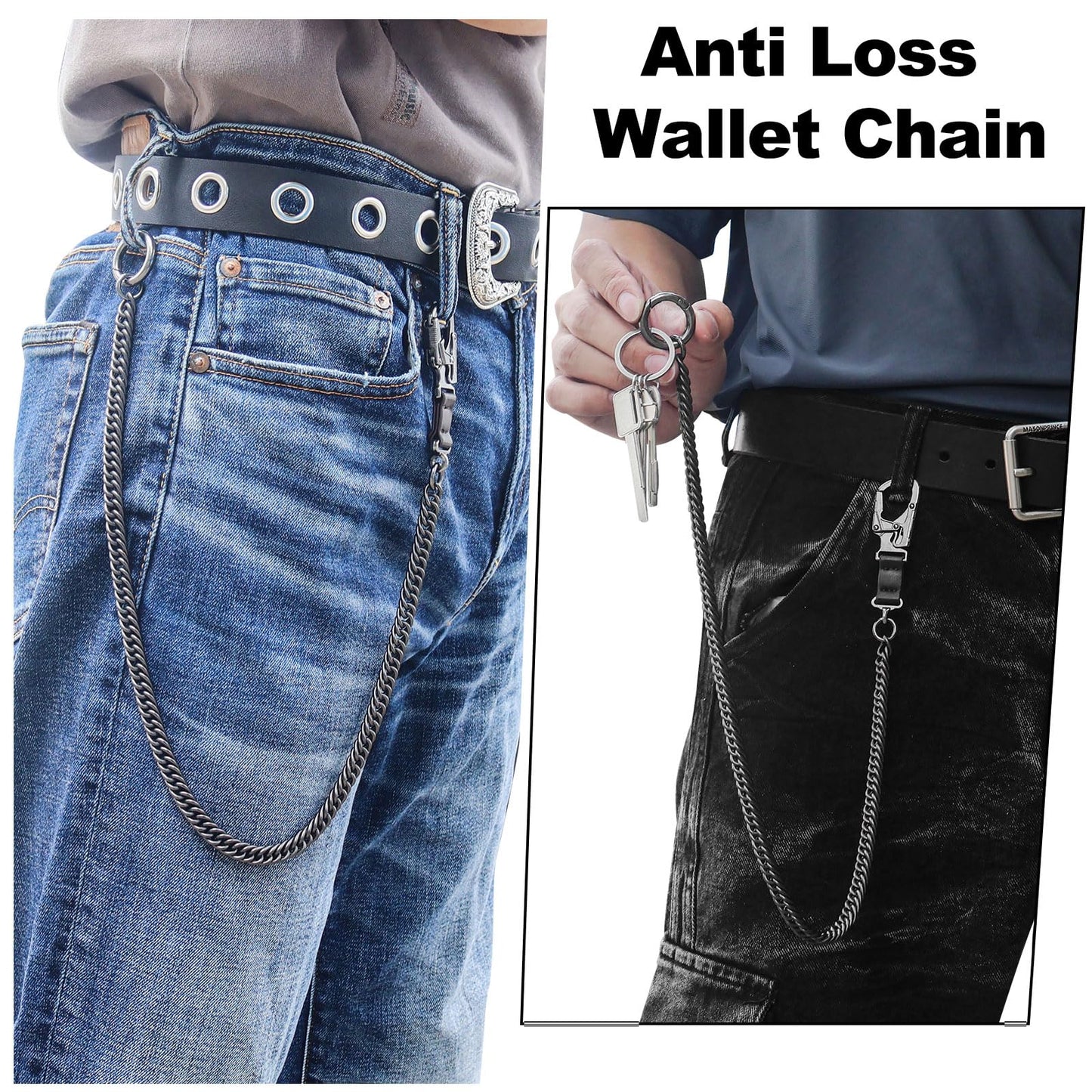 Ahiller Men's Punk Style Wallet Chains, 25" Lightweight Long Stainless Steel Keychain with Double Lock Carabiner, Anti-Loss Design for Jeans, Pants & Handbag (YK-Gunmetal)