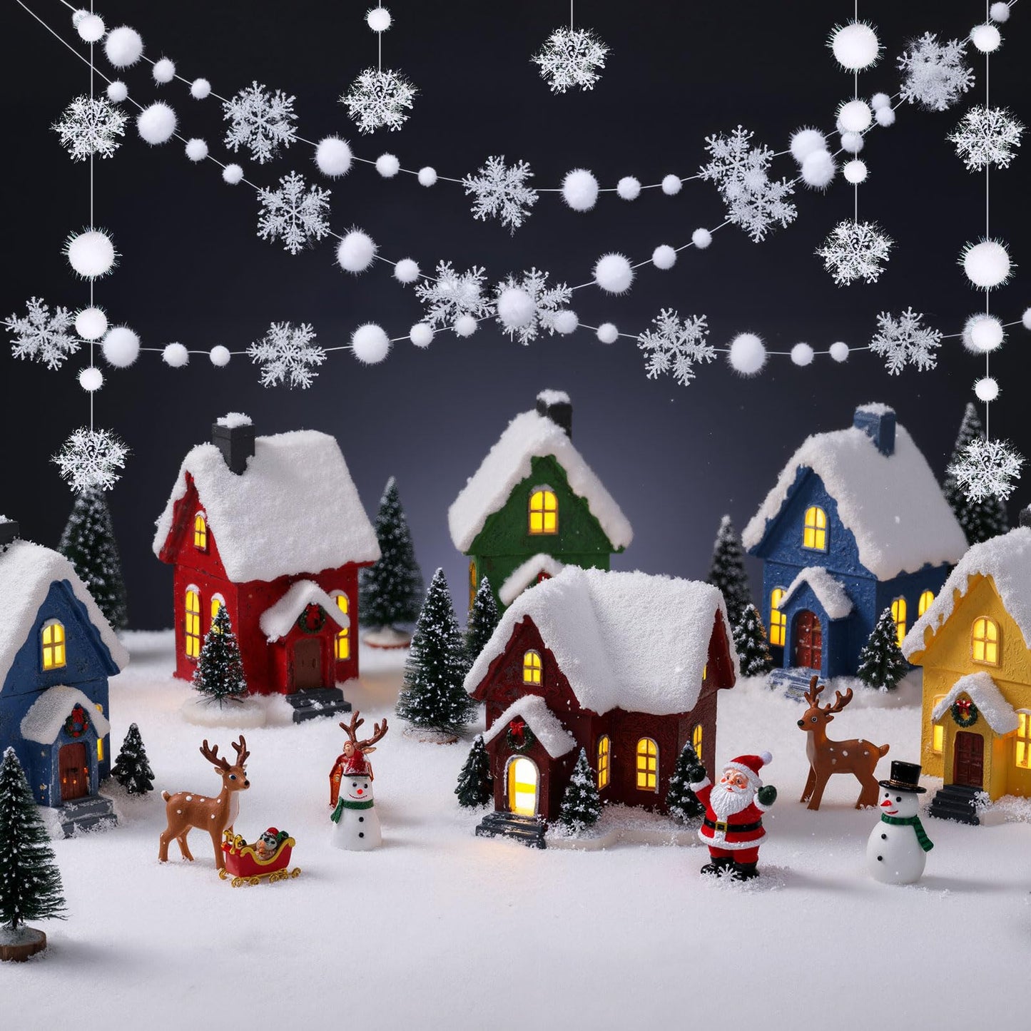 Seenelling White Ball with Snowflake Garland Winter Wonderland Party Decorations DIY Hanging Banner Ornaments Felt Snowball Pom Pom Plastic Snowflake Needles and Line