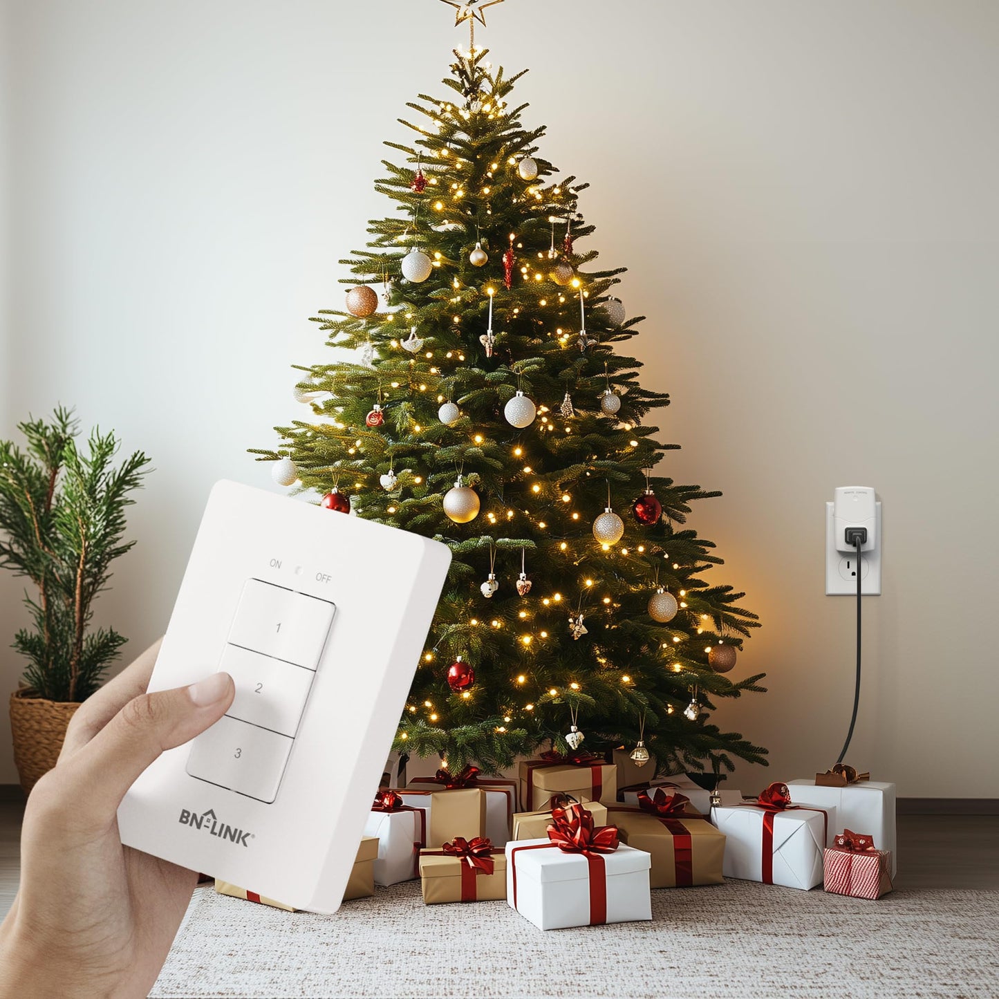 BN-LINK Mini Wireless Wall-Mounting Remote Control Outlet Switch Power Plug in for Household Appliances, Wireless Remote Light Switch, LED Light Bulbs, White (3 Outlets)