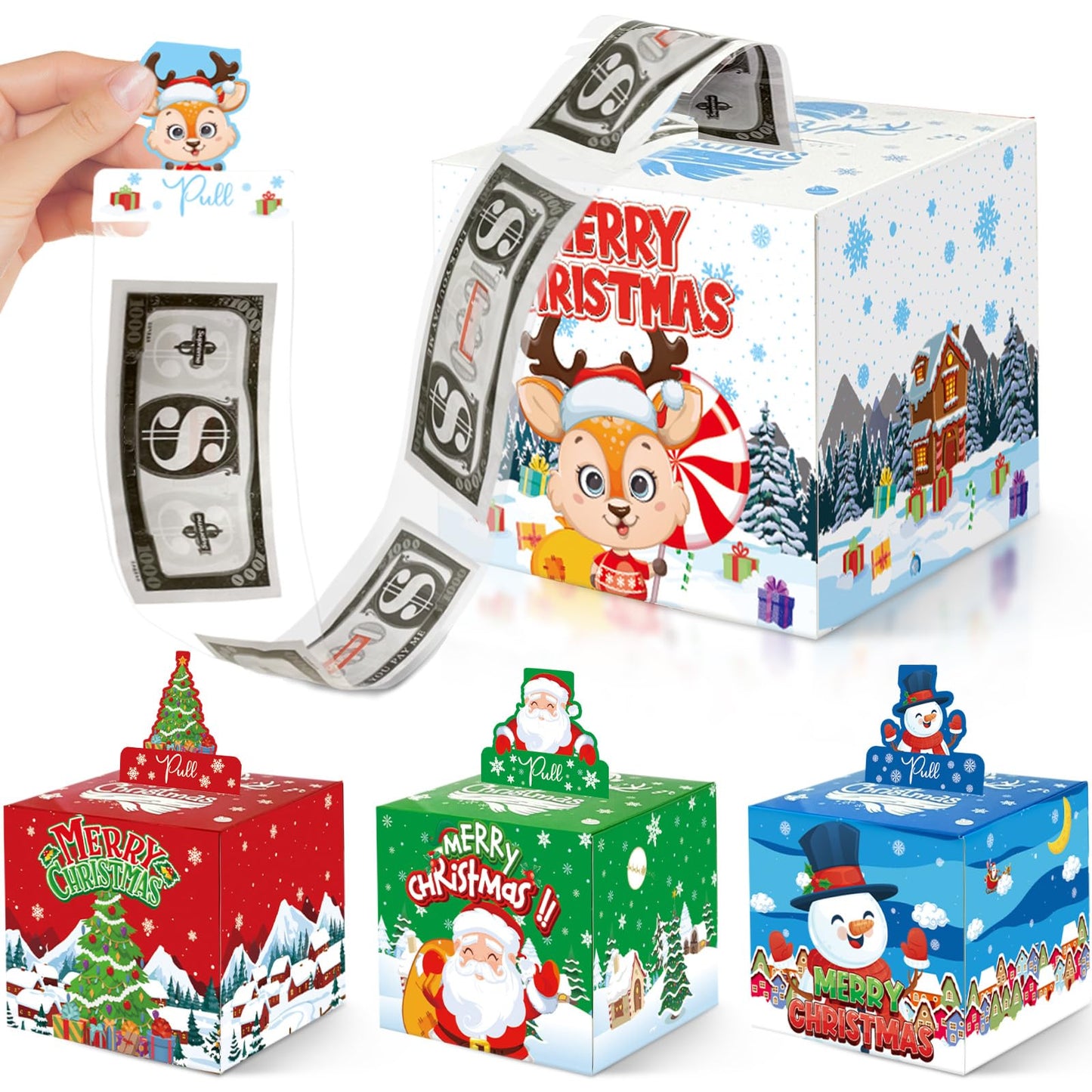 4 Pack Christmas Money Box for Cash Gift Pull,Christmas Tree & Snowman & Santa & Elk Money Gift Boxes for Cash with Pull Out Card DIY Set Surprise Merry Box (Cute Christmas)