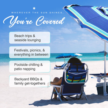 AMMSUN 7ft Heavy Duty High Wind Beach Umbrella with sand anchor, Built-in Table Tray Vent Tilt Pole, UPF 50+ Windproof Portable Outdoor Umbrellas Carry Bag for Patio Garden Pool Backyard stripe