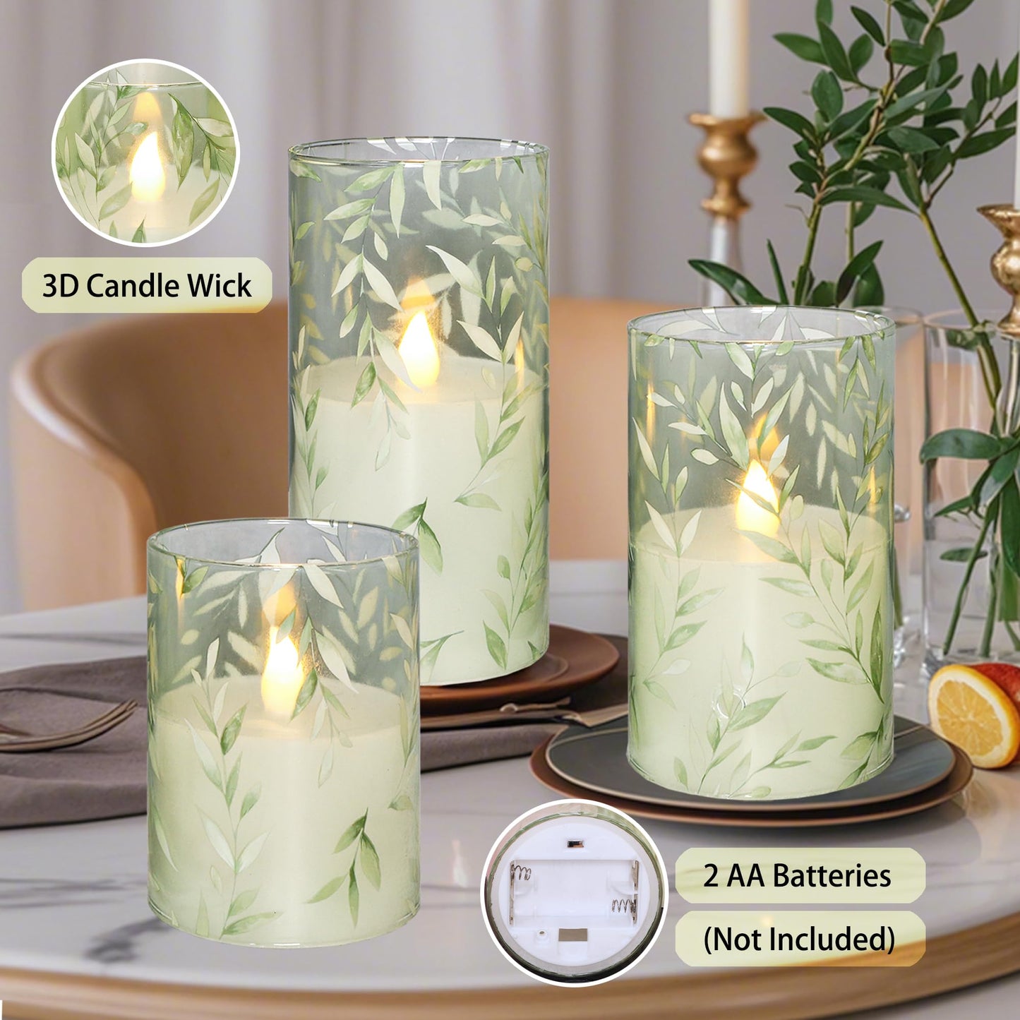 Crystal Club Glass Flameless Candles with Remote Timer, Battery Operated Flickering LED Pillar Candles, Green Willow Leaves Design for Wedding Holiday Home Decor