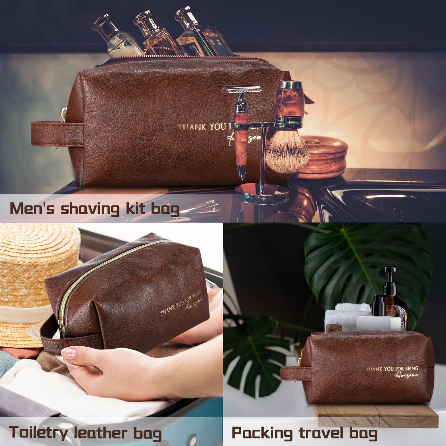 Clysee 6 Pcs Father's Day Leather Appreciation Toiletry Bags Gifts Travel Shaving Cosmetics Bags for Dad Men Gifts(Brown)